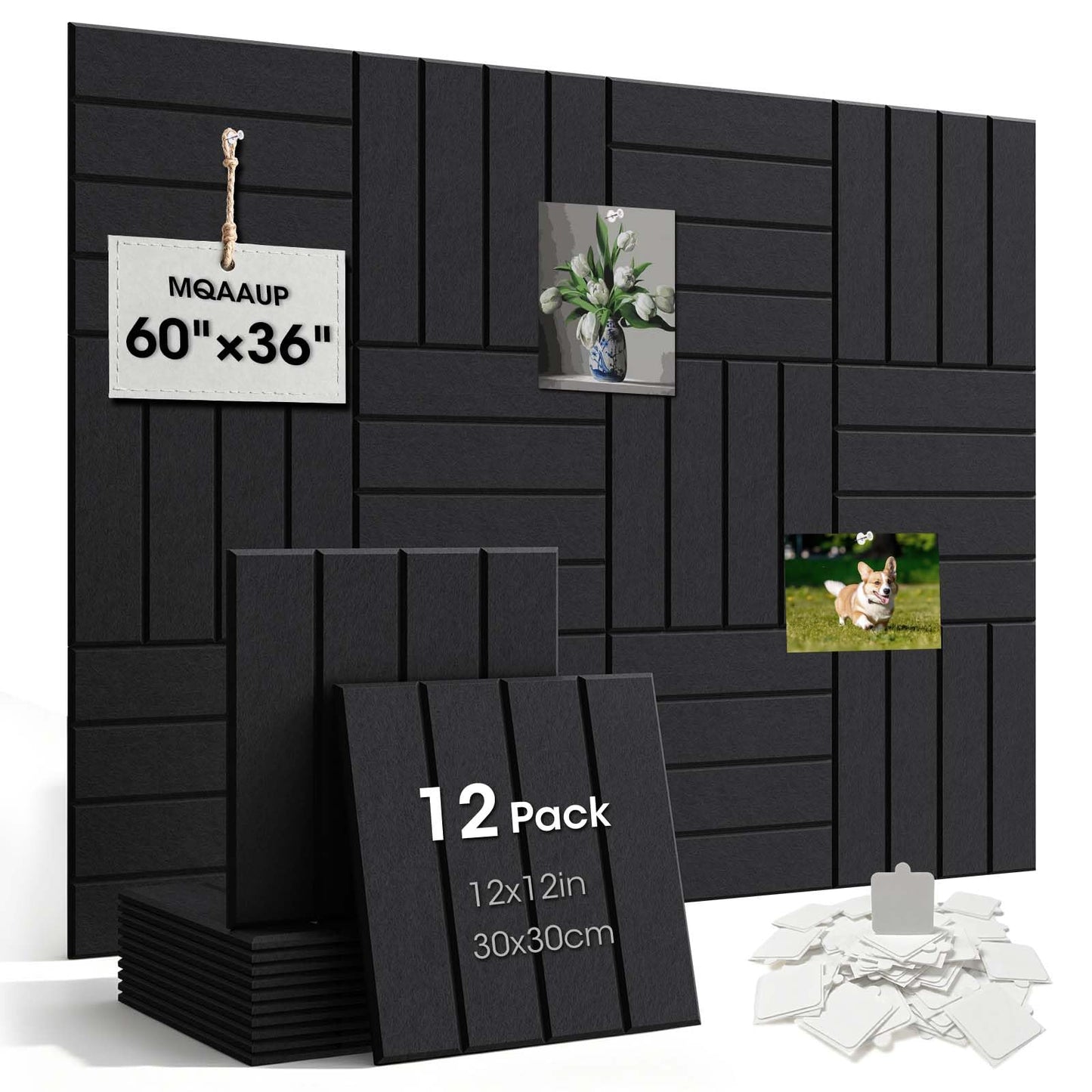 MQAAUP 9mm Thick Acoustic Foam Panels, 12 Pack Cork Board for Wall, 60" x 36" Door Soundproofing, with 60 PCS Safe Removable Adhesive Tabs, for Walls for Home Office Classroom (12, Black)