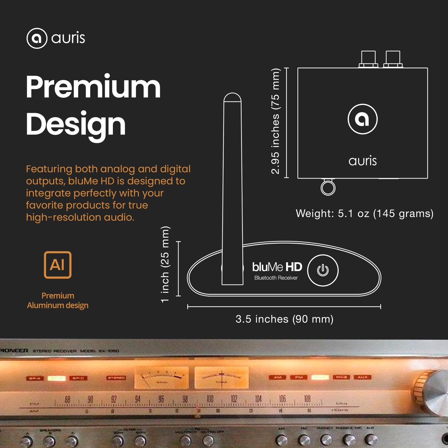 Auris Blume HD Long Range Bluetooth 5.3 Music Receiver Hi-Fi Wireless Audio Adapter with Audiophile DAC, LDAC & aptX HD for Streaming to Home Stereo, AV Receiver or Stereo Amplifier