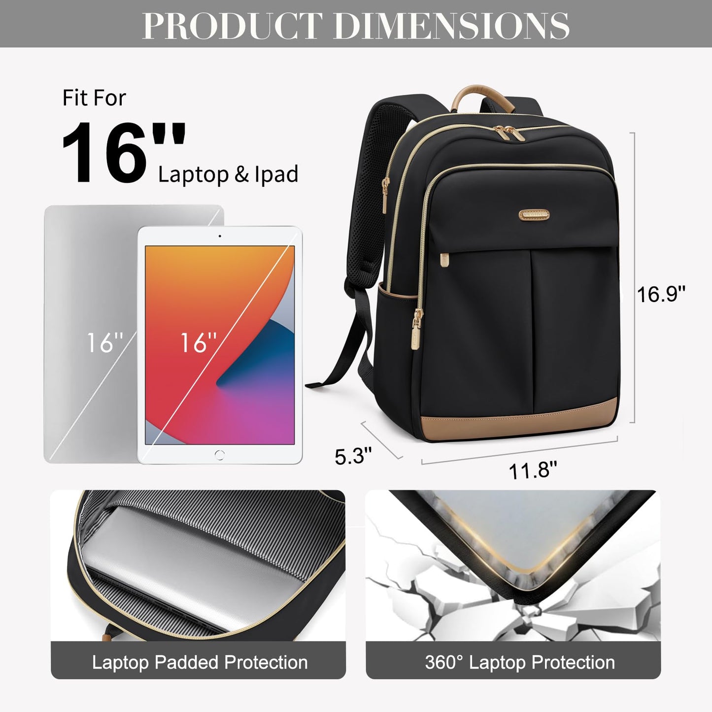 VNINE 16 Inch Laptop Backpack for Women, Light Work Bag, Fashion Waterproof, Stylish, Travel Backpacks, Casual Daypacks, for College, Business