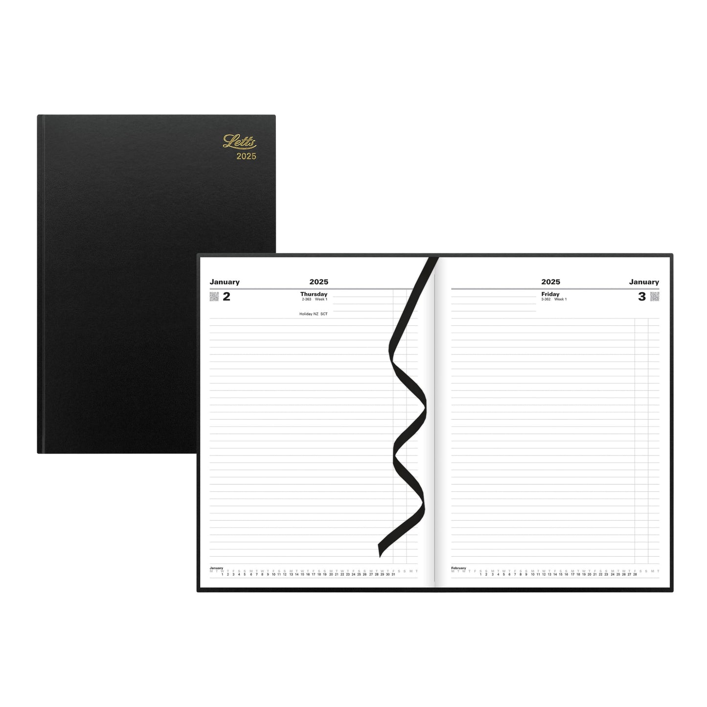 Letts of London® Standard 2025 Daily Planner, 12 Months, January to December, Day-Per-Page, A4 Size, 11.75" x 8.25", English. Black (C10ZBK-25)