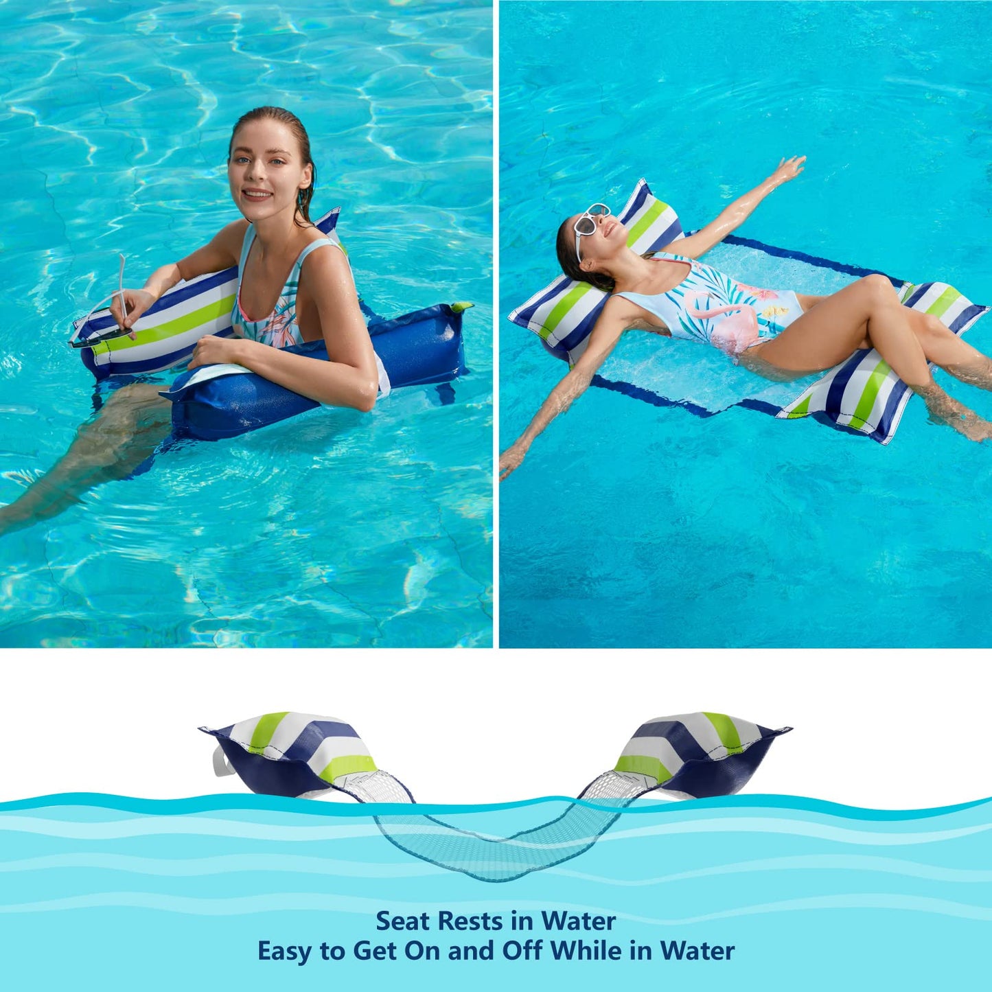 Jasonwell Inflatable Pool Hammock Float - 2 Pack Water Floaties Multi-Purpose (Saddle Lounge Chair Hammock Drifter) 4 in 1 Lake Beach Floating Loungers Swimming Pool Floats Toys for Adults