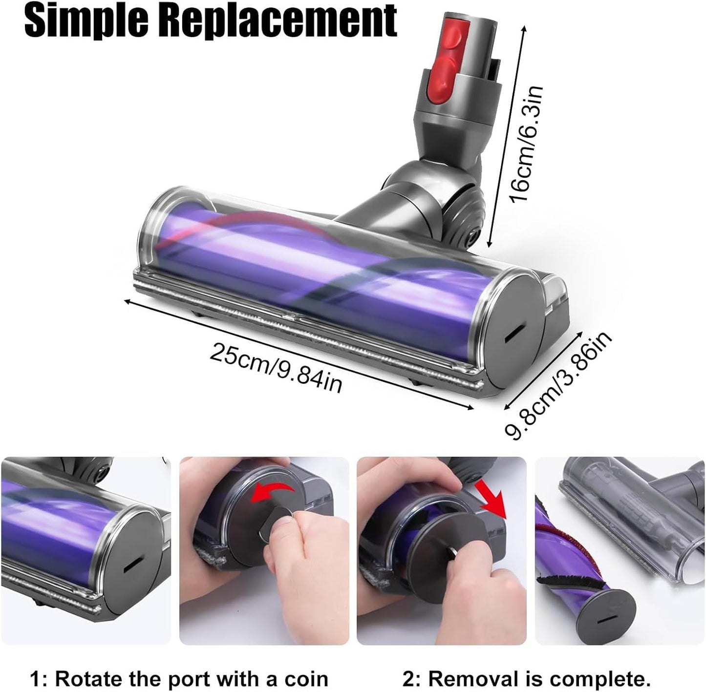 Direct Drive Cleaner Head Turbine Floor Tool Compatible with Dyson V7 V8 V10 V11 V15 Cyclone Cordless Vacuum Cleaner, Motorhead Cleaner Head Brush Turbine Tool, Replacement Part 967483-04