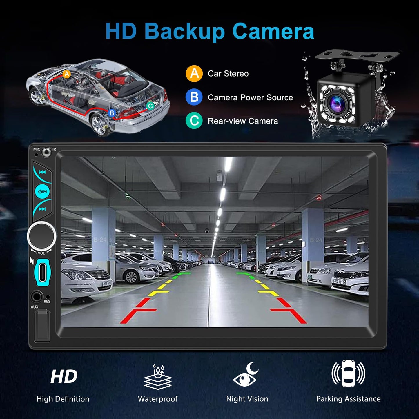 7" Wireless Double Din Car Stereo Carplay Radio Screen for Car Audio Receivers, Car Stereo with Backup Camera, Car Play Android Auto Touchscreen, Mirror Link, Bluetooth, SWC, AM/FM, Type-C