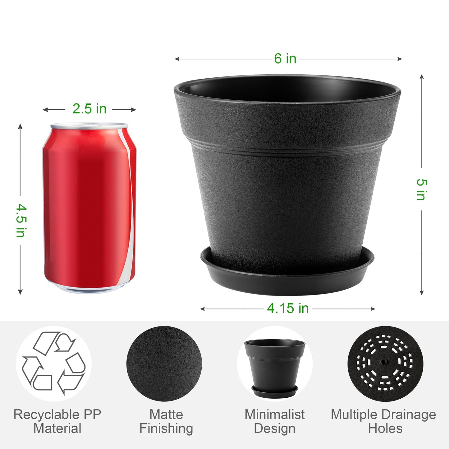 6 inch Plastic Plant Pots with Drainage Holes and Tray, 10 Pack Thickened Indoor Planters Seedlings Nursery Pots for Flowers, African Violet, Succulent and All House Plants, Black