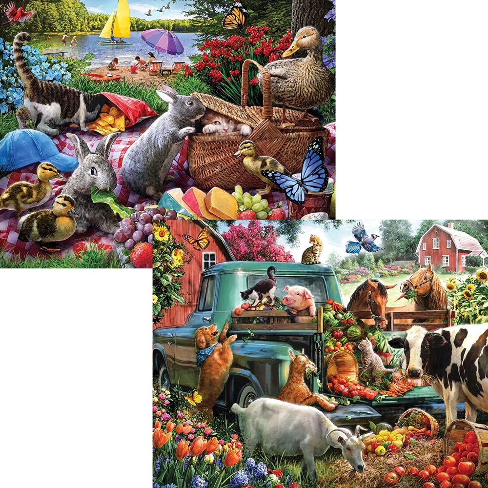 Bits and Pieces – 4-in-1 Multipack Jigsaws 500 Piece Puzzles for Adults - Puzzles Measures 48cm x 61cm – Picnic Surprise Pickup Tractor Summer Retreat 500 pc Multipack Jigsaws by Artist Larry Jones