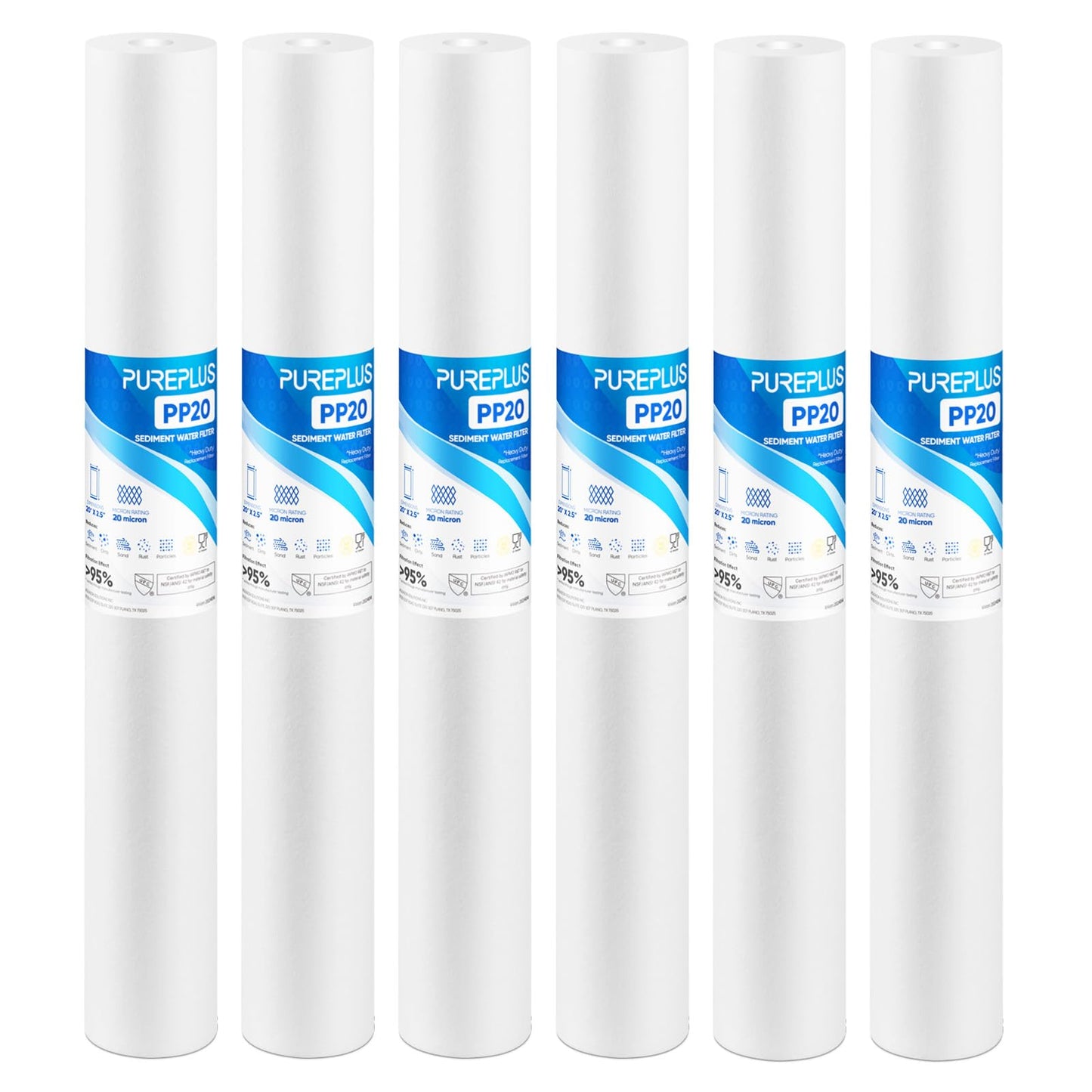 PUREPLUS 20 Micron 20" x 2.5" Whole House Sediment Home Water Filter, 20-inch Sediment Pre-Filtration, Compatible with Cartridge Aqua Pure AP110-2C, P1-20/SP-P1-20/PX01-20, Watts FPMB5-20, 6PACK