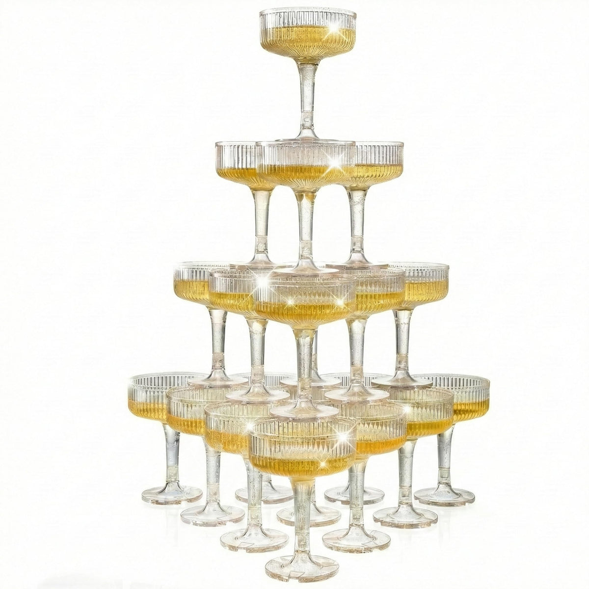 SOBECHOI 4-Tier Champagne Tower with 20 PCS 7oz Gold Glitter Plastic Flutes, Butterfly Shape Vertical Stripes Design - Shatterproof Reusable Toast Glasses for Weddings, Celebrations