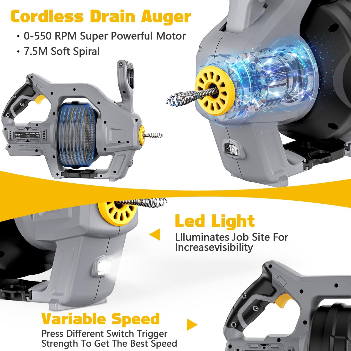Cordless Drain Auger Compatible for Dewalt 20V Battery,Auto-Feed Electric Snake,Powered for Sewer Kitchen Bathroom, Cleaner for Shower or Sink Drains, Unclogs Hair, Blockages(Battery not Included)