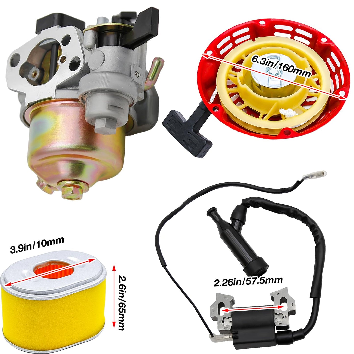 Vkinman GX160 Carburetor Kit Replacement for Honda GX140 GX160 GX200 5.5HP 6.5HP Engine with 28400-ZH8-13YA Recoil Starter Pull Start Air Filter, Carb# 16100-ZH8-W61 16100-ZH8-W51