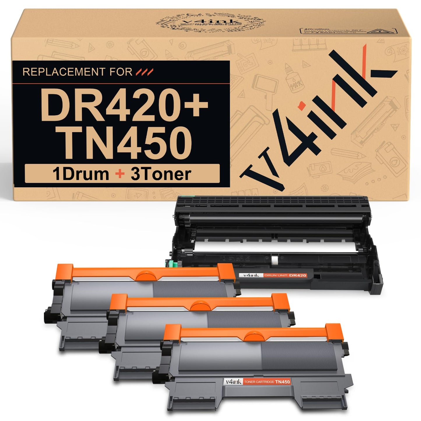 v4ink Compatible Toner Cartridge and Drum Unit Replacement for Brother TN450 TN420 DR420 use with HL-2270dw HL-2280dw HL-2230 HL-2240d MFC-7240 MFC-7360n MFC-7860dw 4 Packs (1 Drum 3 Toner) (Black)