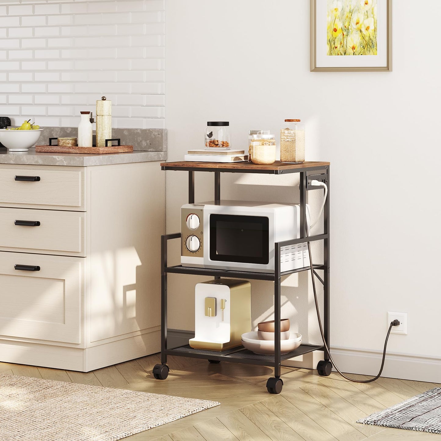 MAHANCRIS Mobile Printer Stand, 3-Tier Industrial Rolling Printer Storage Cart with Power Outlets and 2 USB Ports, Printer Table with Wheels for Home Office, Living Room, Rustic Brown PTHR78E01