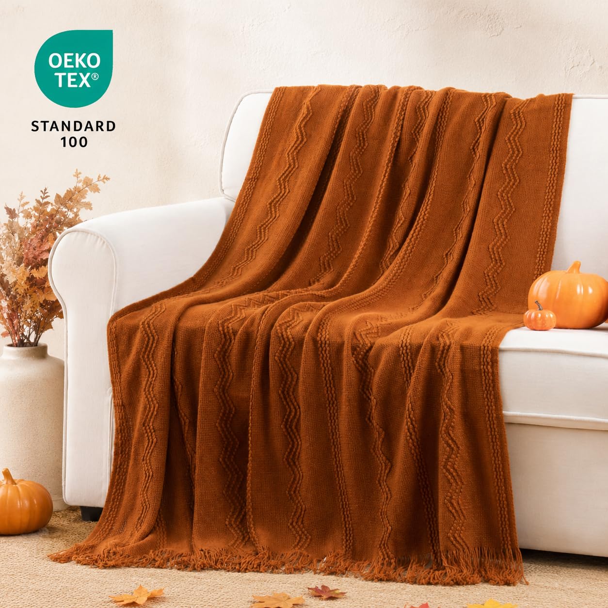 BATTILO HOME Caramel Throw Blanket with Fringe Geometric Bed Throws Spring Decorative Large Throw for Couch Sofa Indoor Outdoor (Caramel, 50 inch x60 inch )
