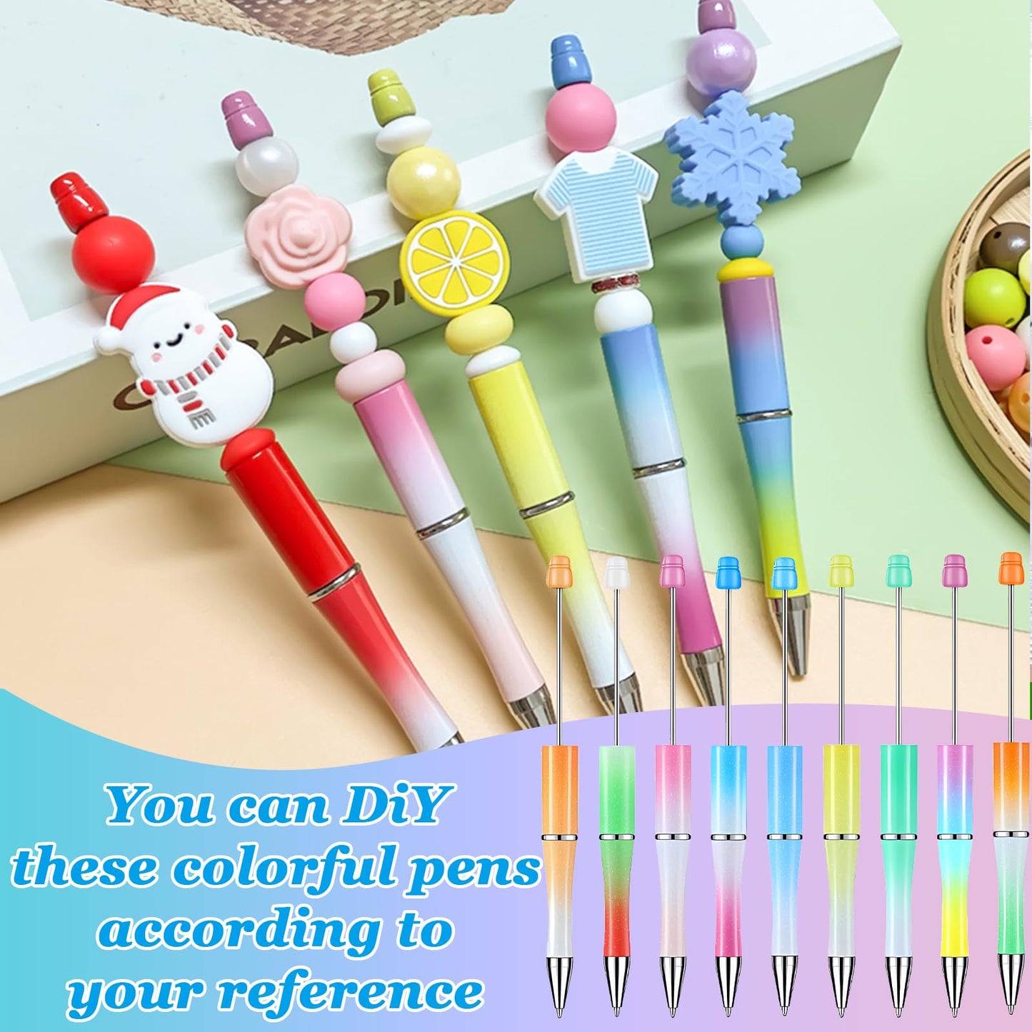 100 Pcs DIY Beadable Pens, Plastic Ballpoint Pens Bulk, Bead Pen with 100 Extra Refill Black Ink for Making Gift Students School Office Supplies (Multicolor)