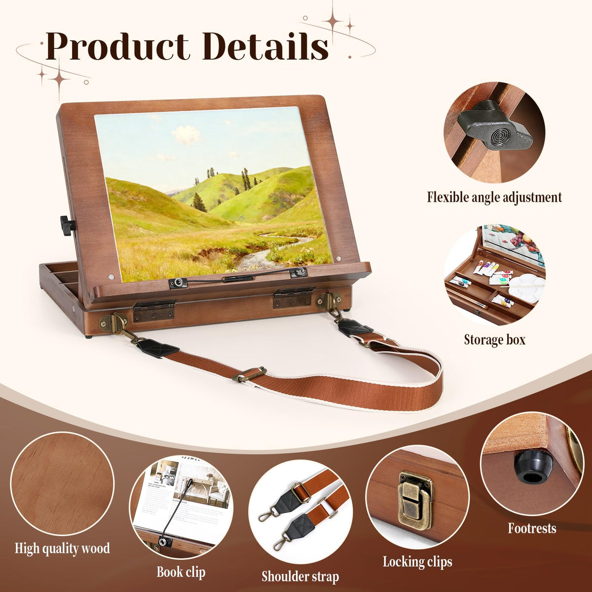 TYYIHUA A3 Tabletop Easel with Page Clips and Strap, Adjustable from 0° to 90, Portable Desktop Art Easel for Paingting for Indoor Outdoor, Wooden Drawing Board for Sketching, Book