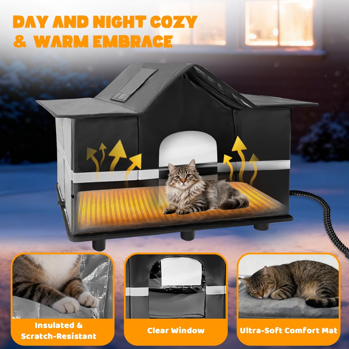 Homegroove Heated Outdoor Cat House, Large Weatherproof & Insulated Cat Houses for Outdoor Cats with Heating Pad, Roof Window & Elevated Base – Feral Cat Shelter for Stray & Feral Cats (Black)