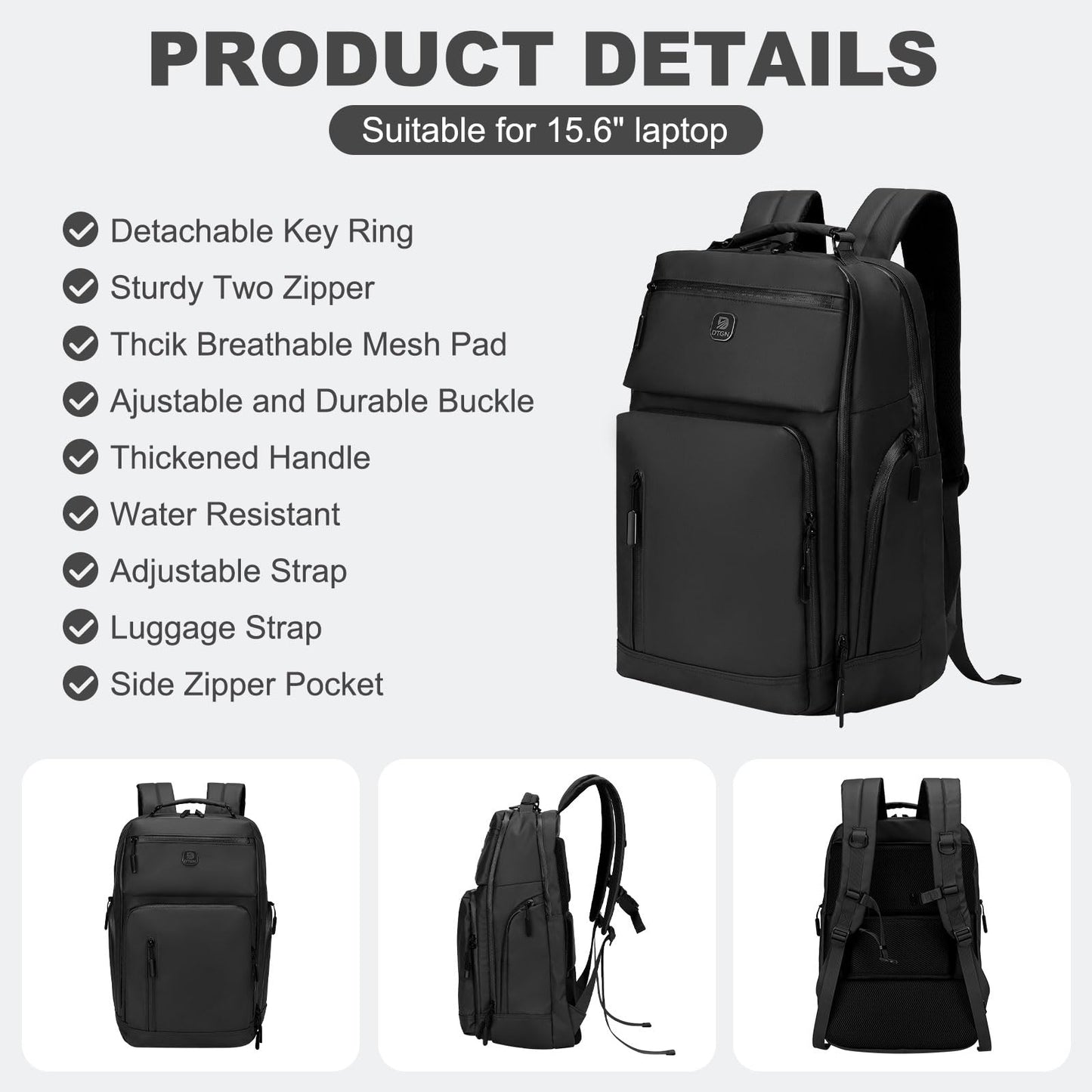 DTGN Large Capacity Water Resistant Laptop Backpack, 17 Inch Airplane Approved Durable Bag for College, Business Travel, Black