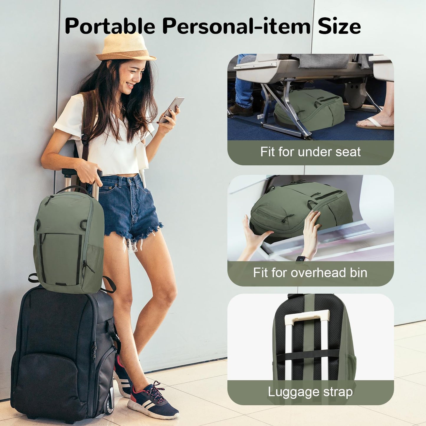 Outplea 17L Small Travel Carry On Backpack with Front Opening for Men Women, Waterproof 15" Laptop Backpack, Green