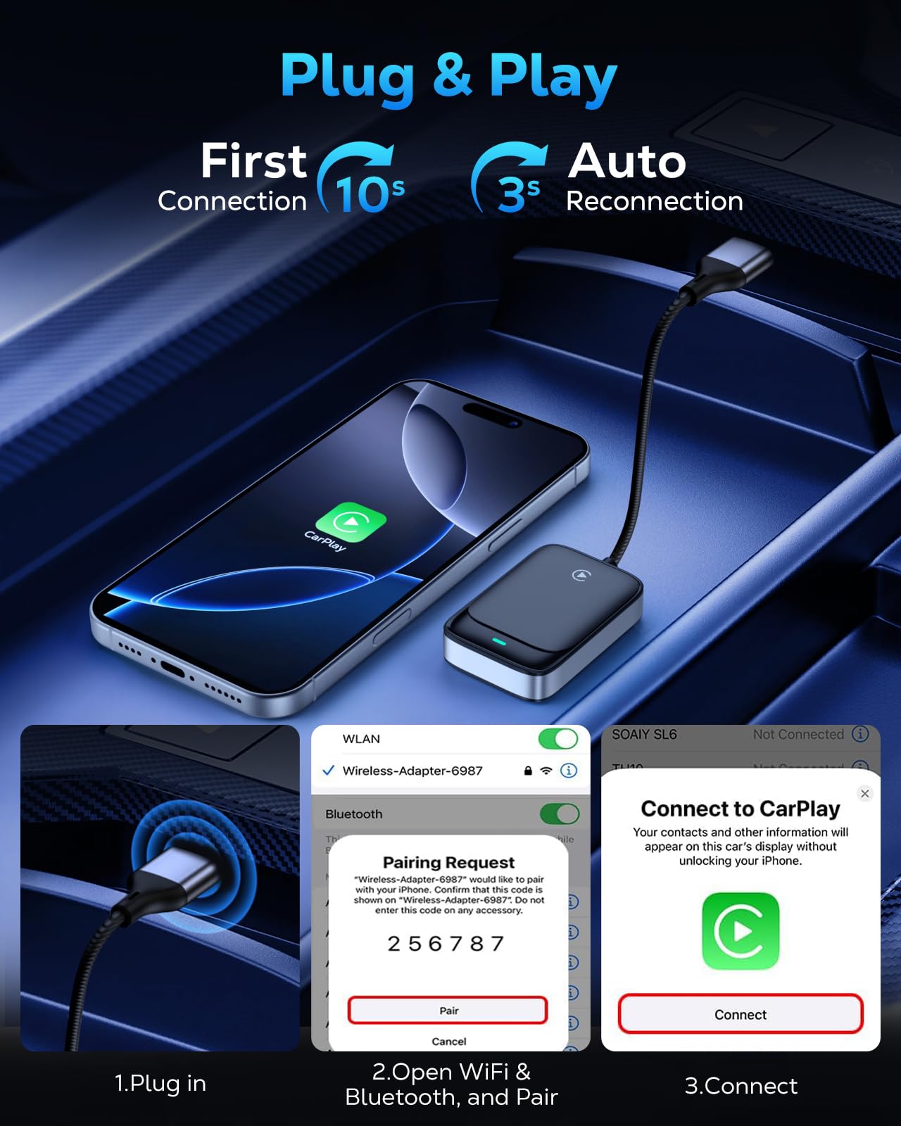 MoKo Wireless CarPlay Adapter for iPhone 2025, Converts Wired Car Play to Wireless Dongle, Plug and Play Fast Response Bluetooth CarPlay Adaptor for iPhone iOS 10+ and Cars with Built-in Car Play