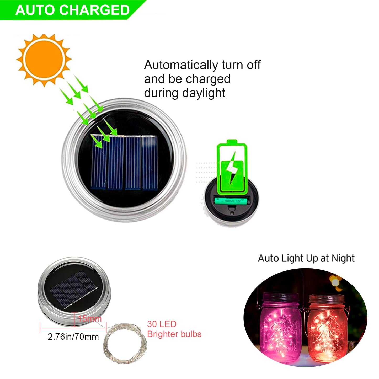 YITING Upgraded Solar Mason Jar Lid Lights 10 Pack 30 LED Fairy Star Firefly String Lids Lights Including (10 pcs Hangers) for Wedding Patio Garden Party Decorations (No Jars)