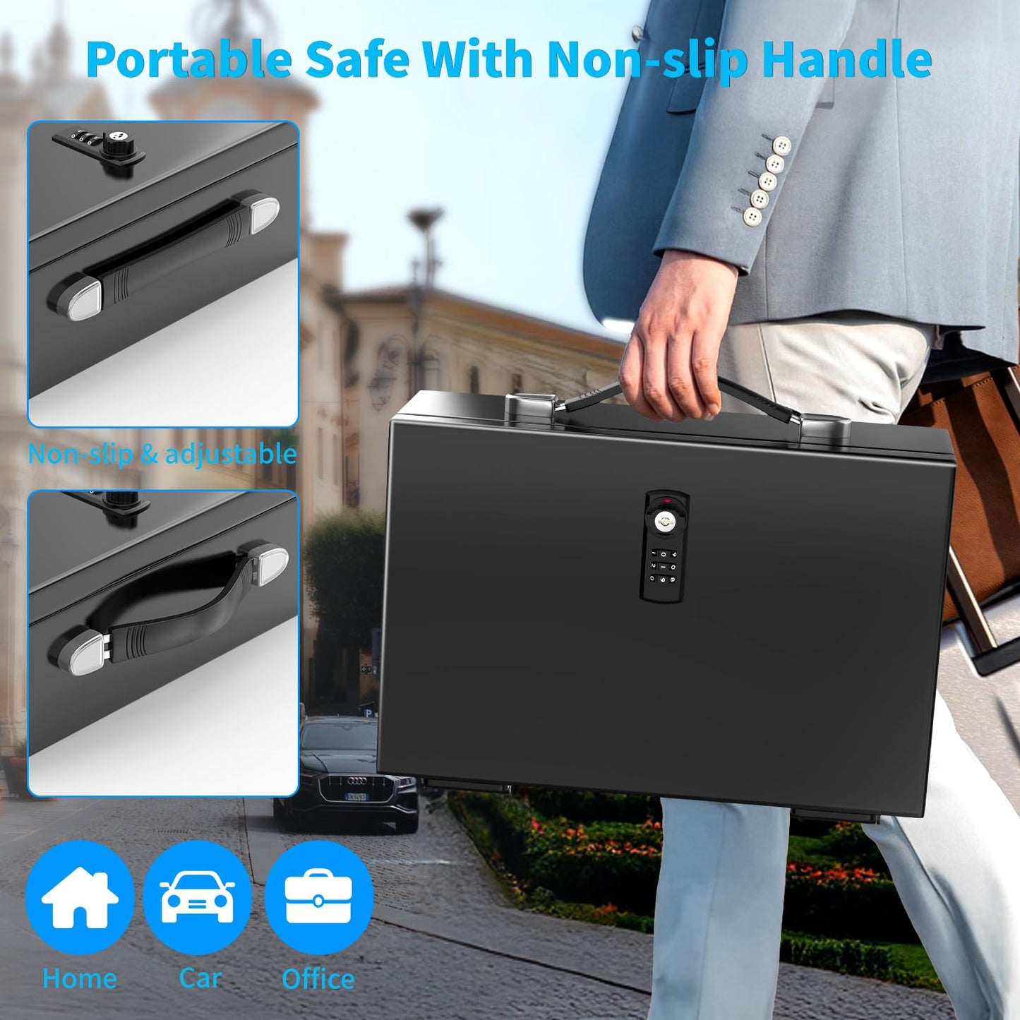 GUVELI Portable Safe Box for Home with Combination Lock and Emergency Key, Home Safes Money Safe Box with Hand Grip, Lock Box Storage Fireproof Document Box for Money Medicine Jewelry A4 Document