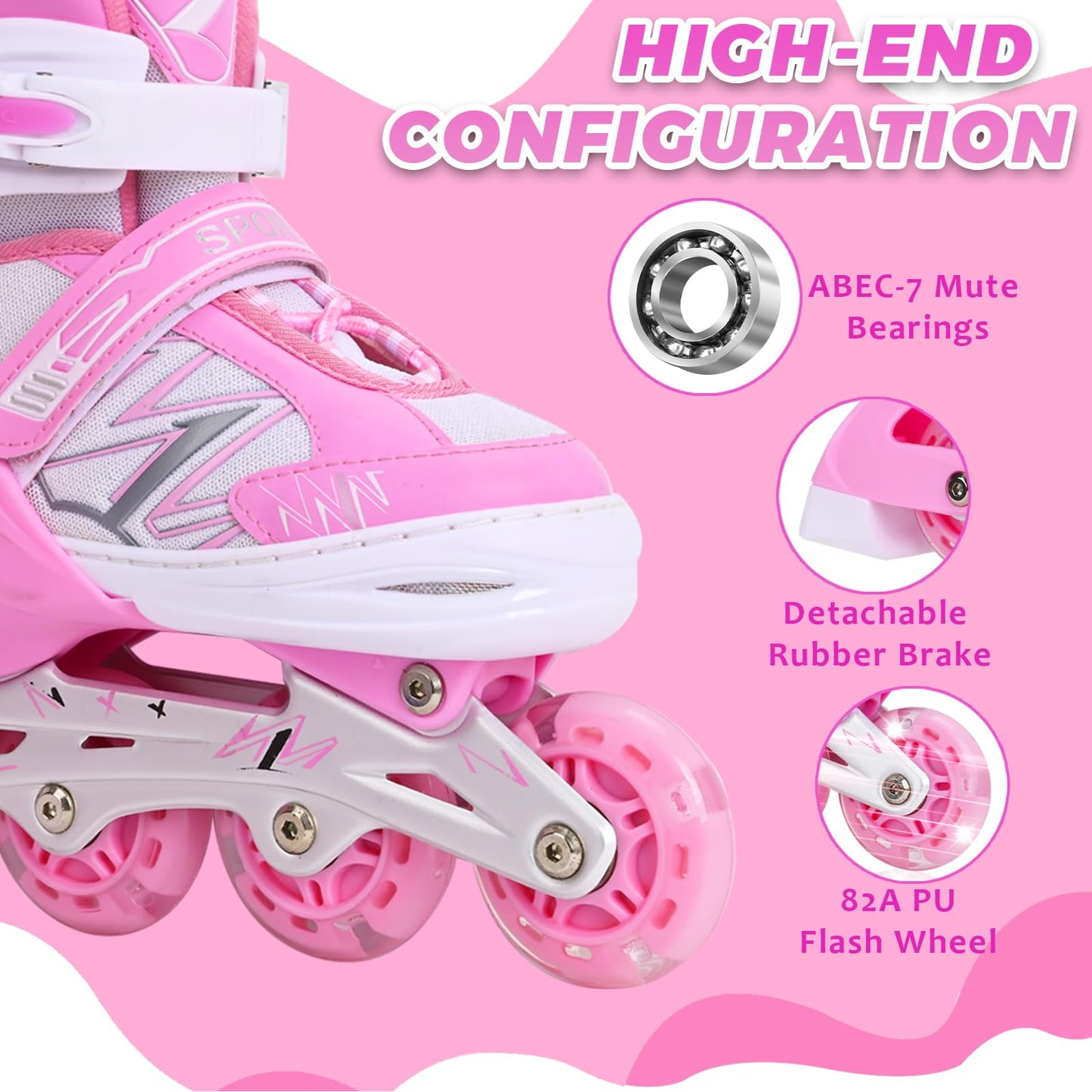 Adjustable Inline Skates for Kids Girls Children Beginners, Pink Inline Roller Skates with Light Up Wheels for Kids and Youth for Sports (Small)