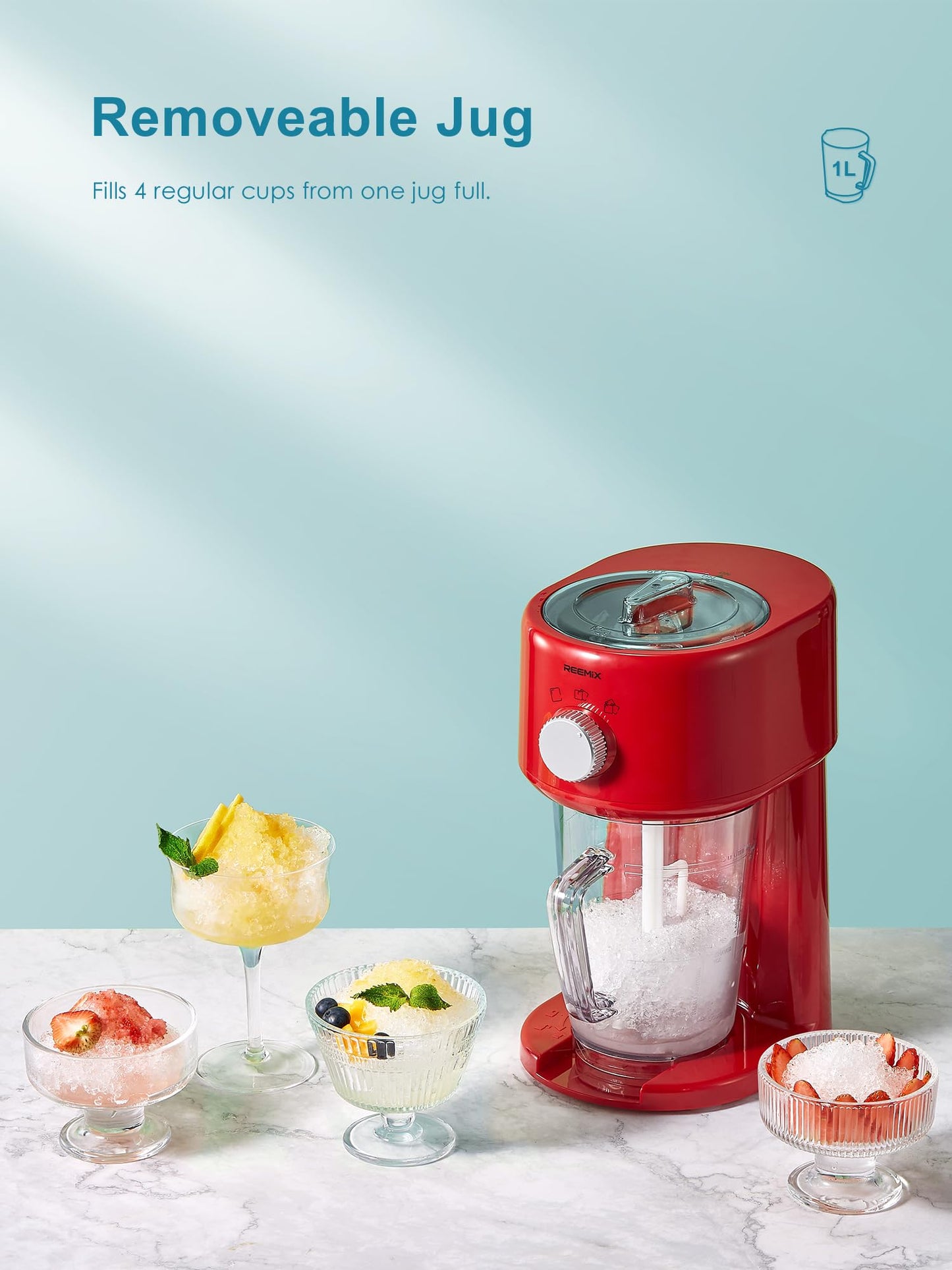 Reemix Shaved Ice Machine, Electric Ice Shaver and Snow Cone Machine with Large Capacity Storage, Portable Ice Crusher Ice Thickness Can be Adjusted (Red)