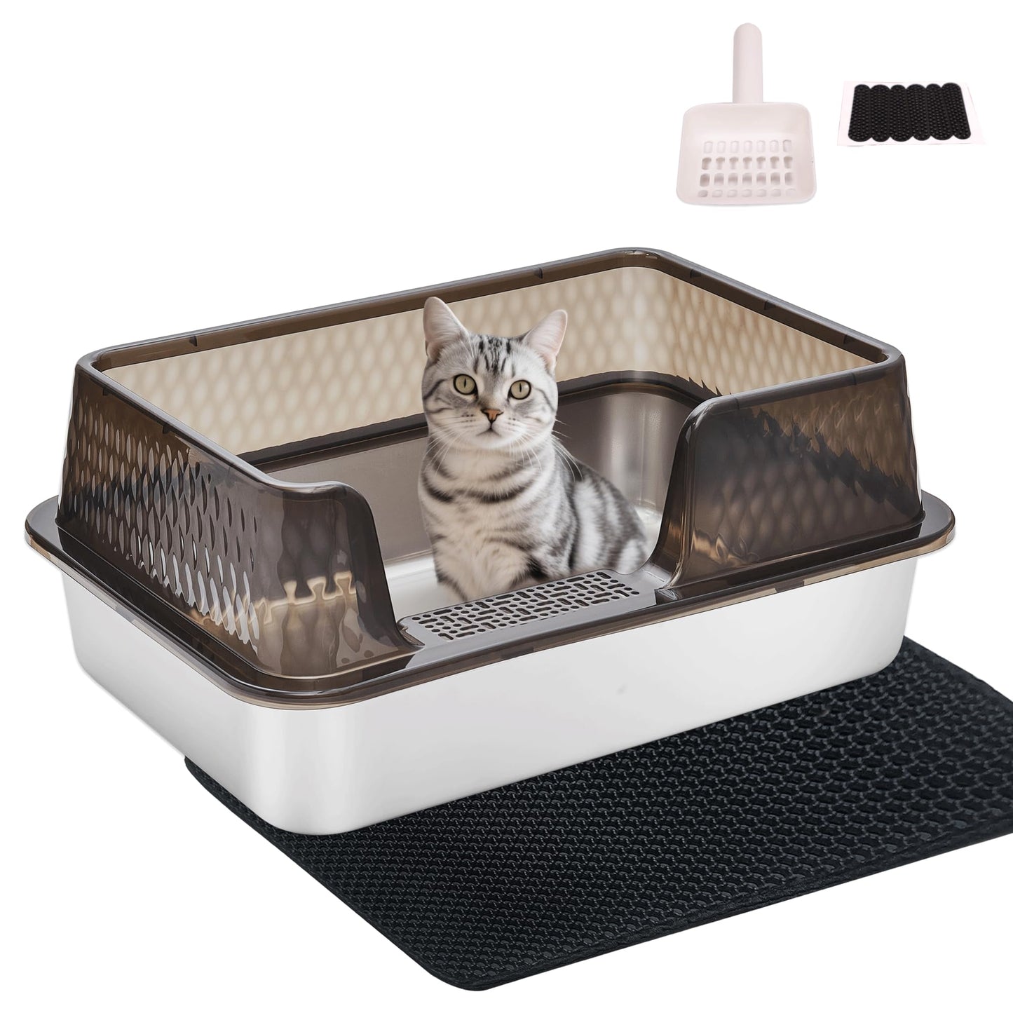 Kittenhood Low Entry Enclosed Stainless Steel Cat Litter Box with Lid Scoop and Pads, 50cm* 35cm* 20cm Transparent Black Standard Easy Clean Metal Kitty Kitten Litter Box