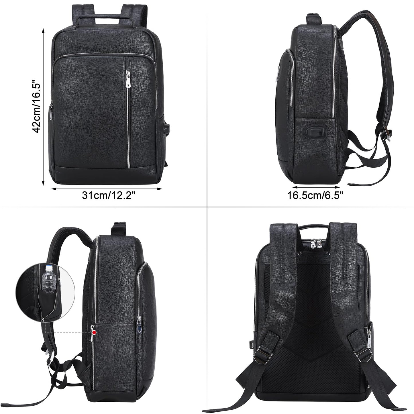 TIDING Leather Business Backpack for Men Women 15.6 Inch Laptop Work Bag College Casual Office Daypack with USB Charging Port