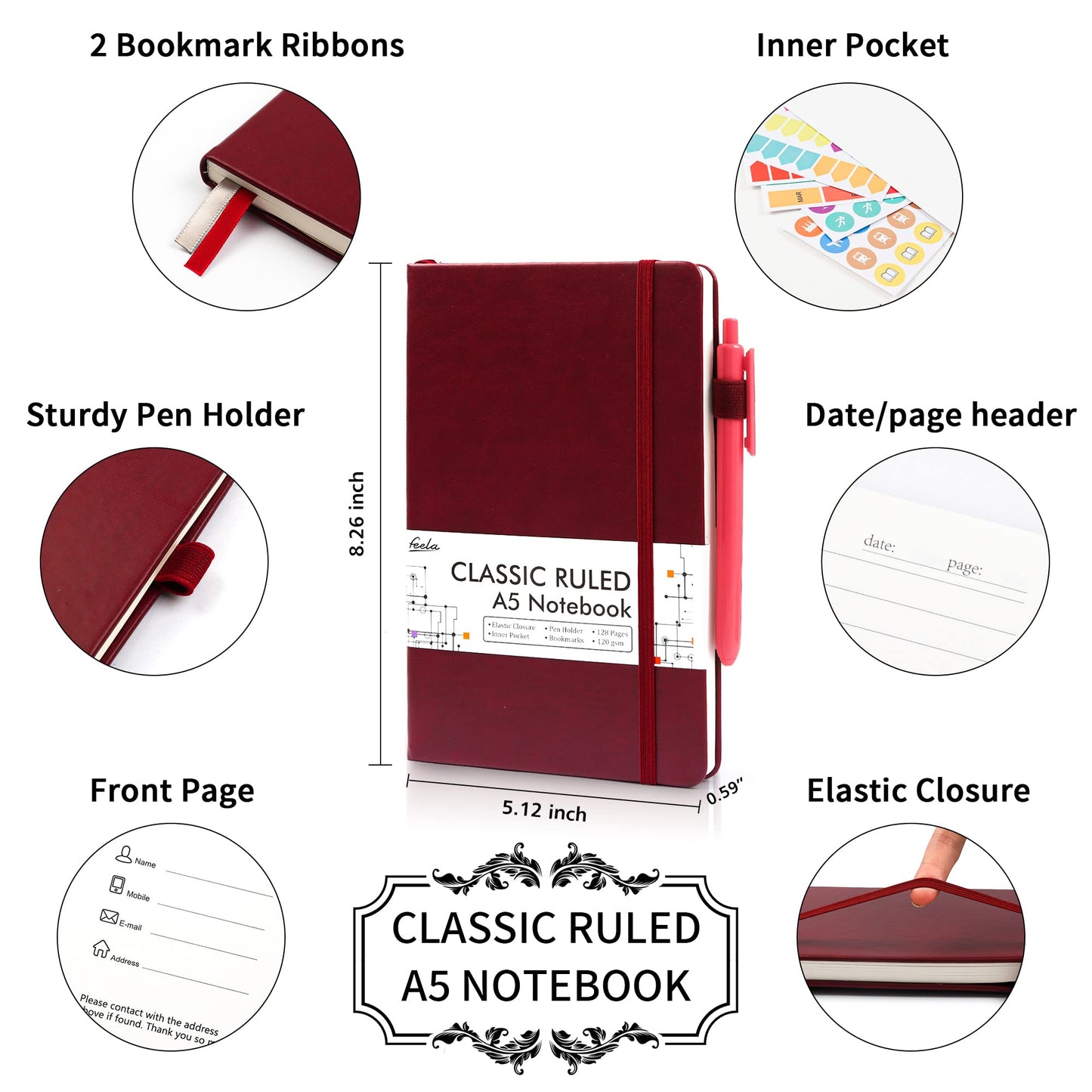 12 Pack Notebooks Journals Bulk with 12 Black Pens, Feela A5 Hardcover Notebook Classic Ruled Journal Set with Pen Holder for School Business Work Travel Writing, 120 GSM, 5.1”x8.3”, Wine