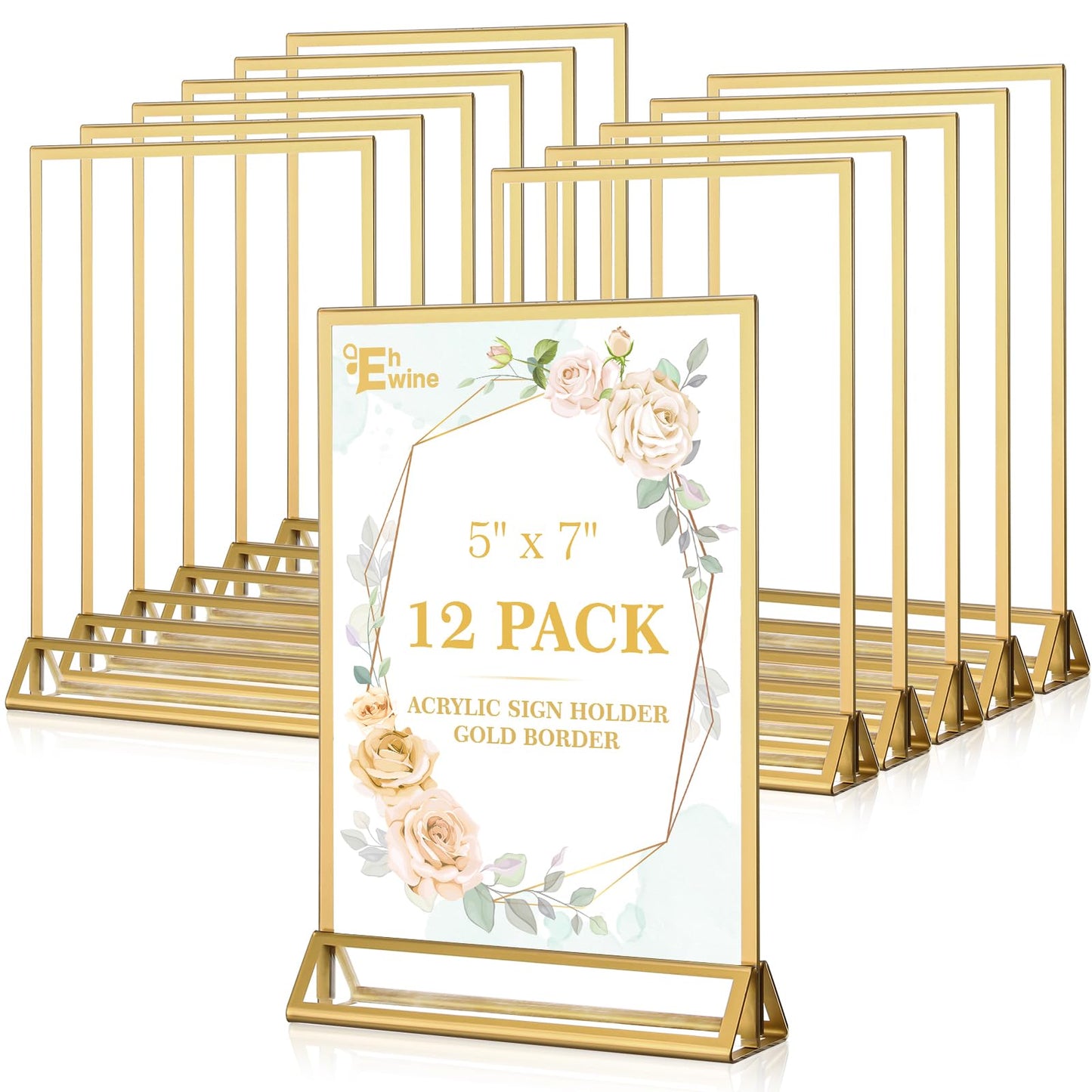 EHWINE 12 Pack Acrylic Sign Holder 5 x 7, Double Sided Gold Picture Frame Stand up Table Top Sign Holders, Clear Display Stand Menu Flyer Holder for Wedding Party (Provide Non-slip Mats)