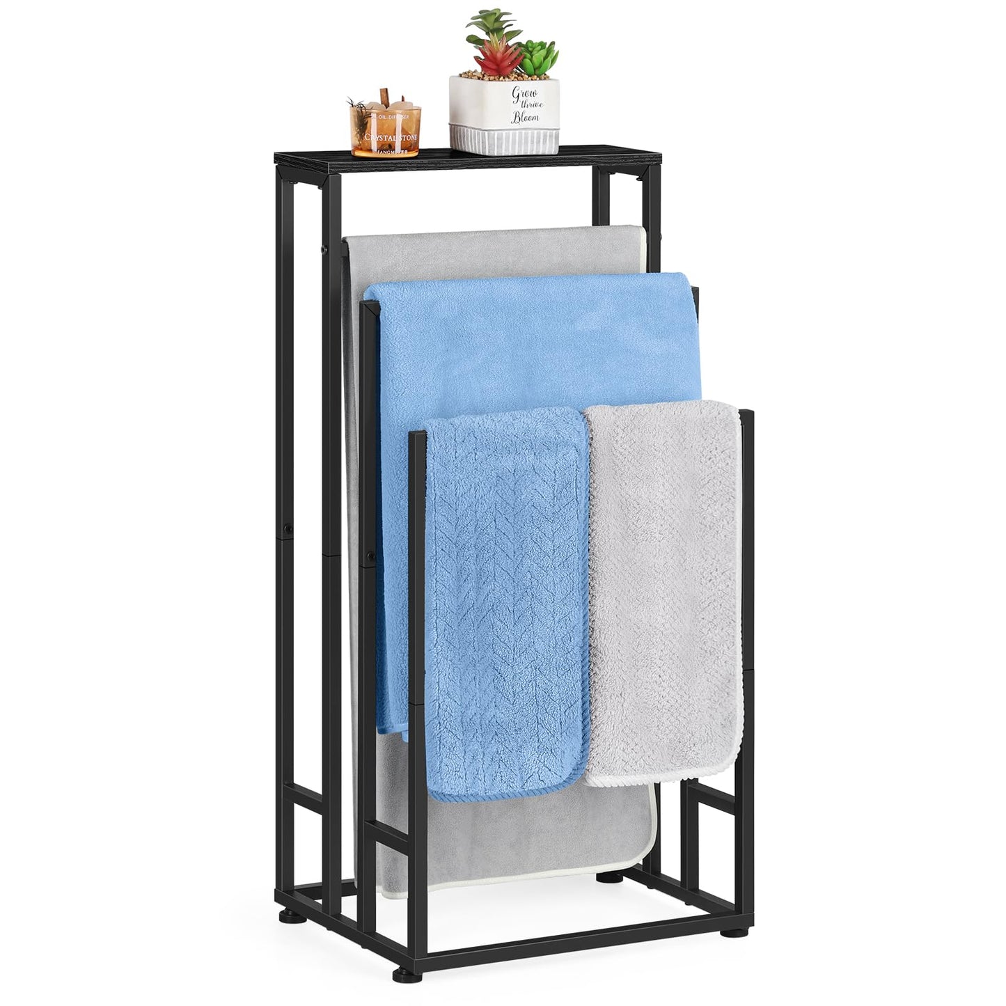 Freestanding Towel Rack 3 Tier Towel Drying Rack for Bathroom Standing Hand Towel Holder Black Towel Rack Stand with Storage Shelf for College Dorm Pool Side (Black)