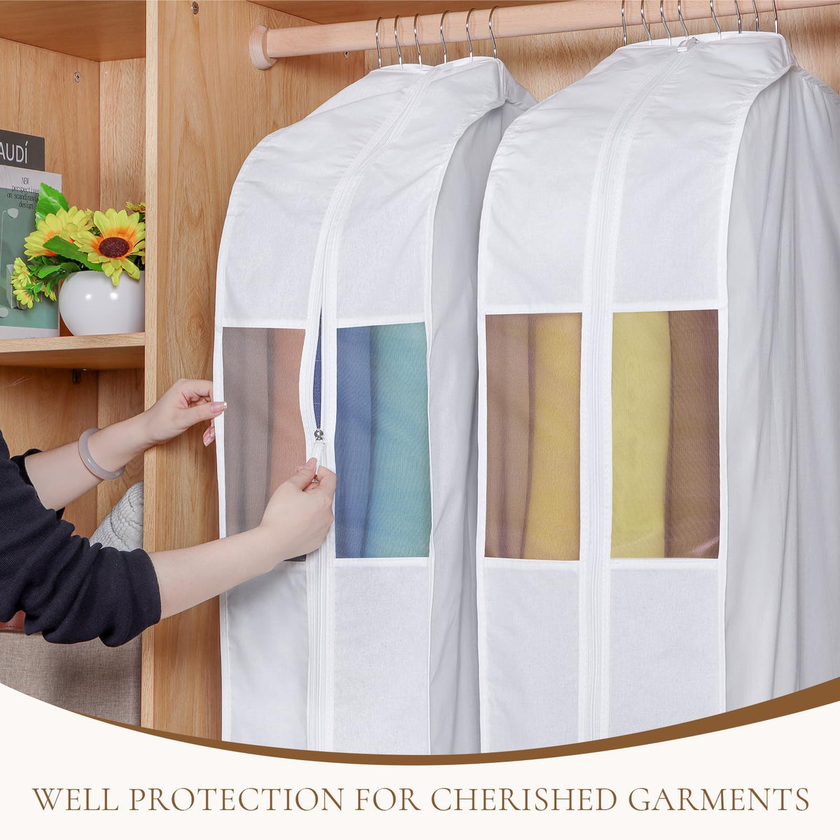 Univivi 50 Inch Breathable Cotton Garment Bags for Hanging Clothes and Storage,Washable Suit Cover Bag with Extra Large 10" Gusset & Clear Window - Perfect for Suits,Coats,Jackets - 2 Pack