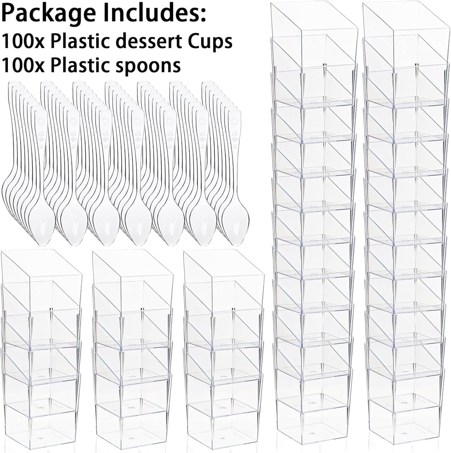 Okllen 100 Pack 3 Oz Mini Dessert Cups with Spoons, Clear Slanted Square Dessert Tumbler Thick Plastic Shot Glasses, Appetizer Parfait Cups Small Serving Bowls for Ice Cream, Puddings, Tasting Party