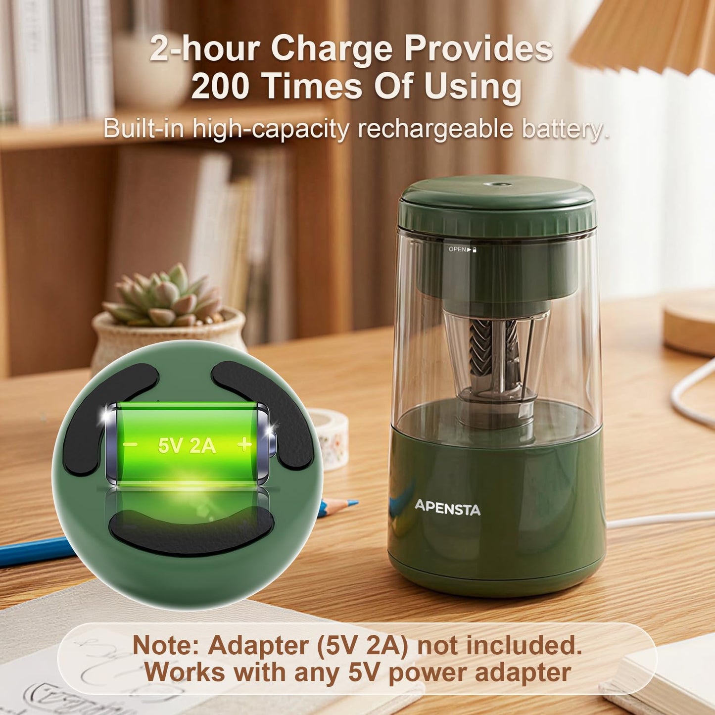 Apensta Electric Pencil Sharpener, Auto in & Out, Adjustable Tip