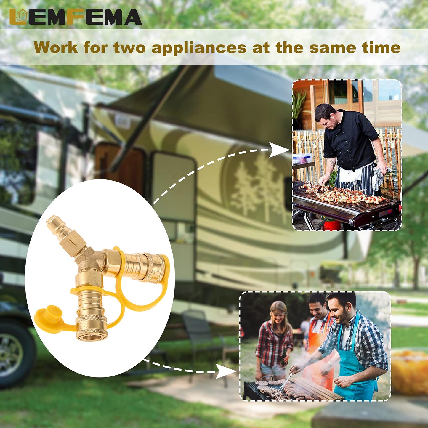 Lemfema 3/8" Gas Y Splitter Quick Disconnect, 2 Way 3/8" Propane Natural Gas Quick Connect, Fit for Natural Gas BBQ, Generator, Camping, Patio Heaters, RV
