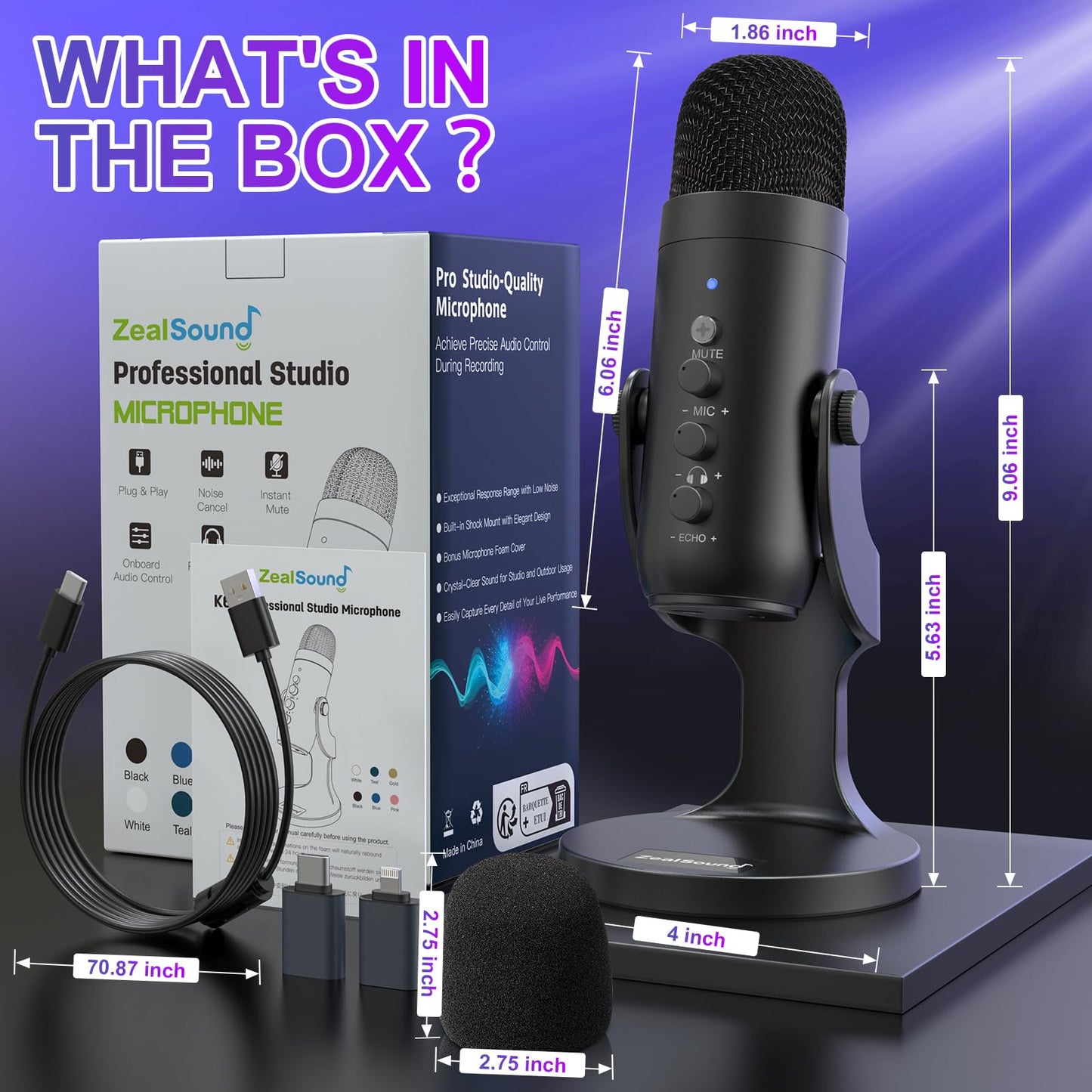 ZealSound Podcast Microphone for PC, Noise Cancellation USB Mic with Gain, Volume Adjustment & Mute Button, Monitoring & Echo, for YouTube, TikTok, Podcasting, Streaming, iPhone, iPad, Android, Mac