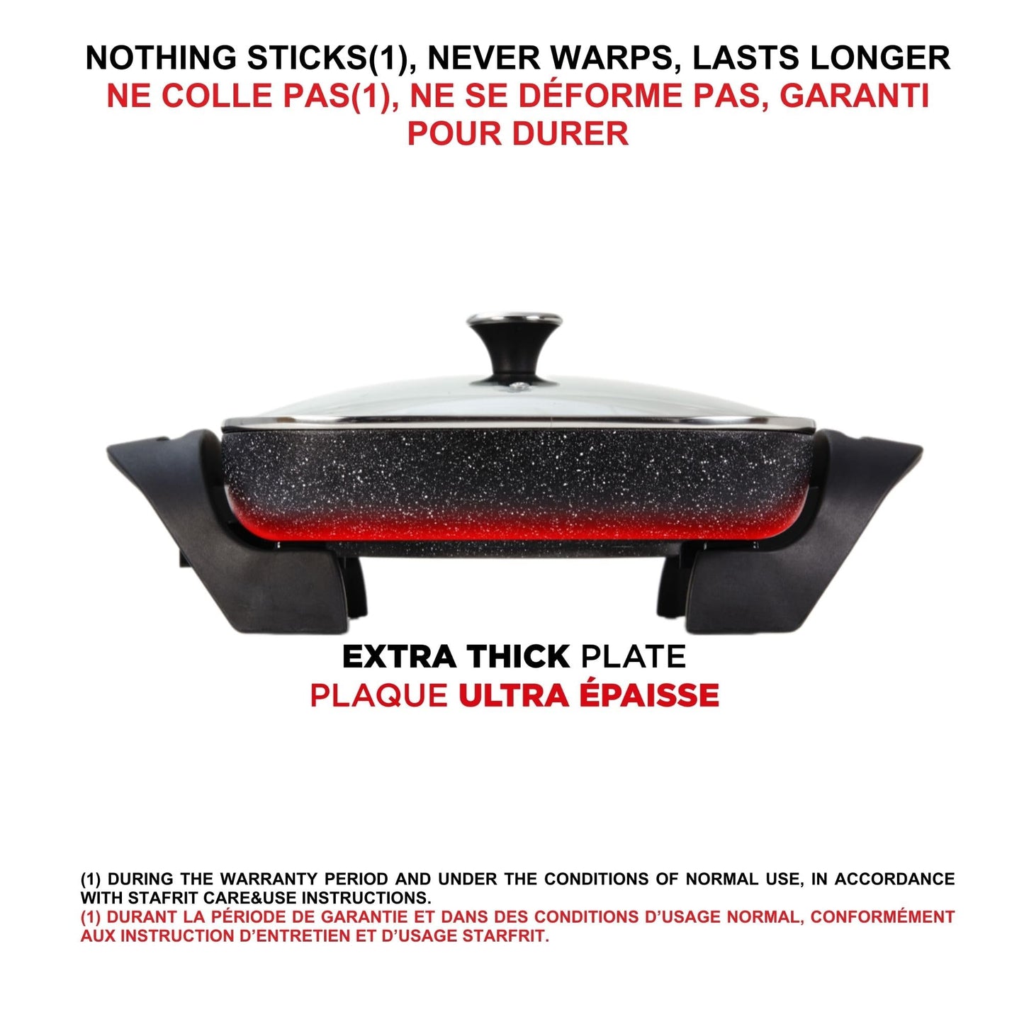 Starfrit The Rock Electric Skillet - 12" x 12" - Rock.Tec Non-Stick Cooking Surface - Tempered Glass Lid - 1200W