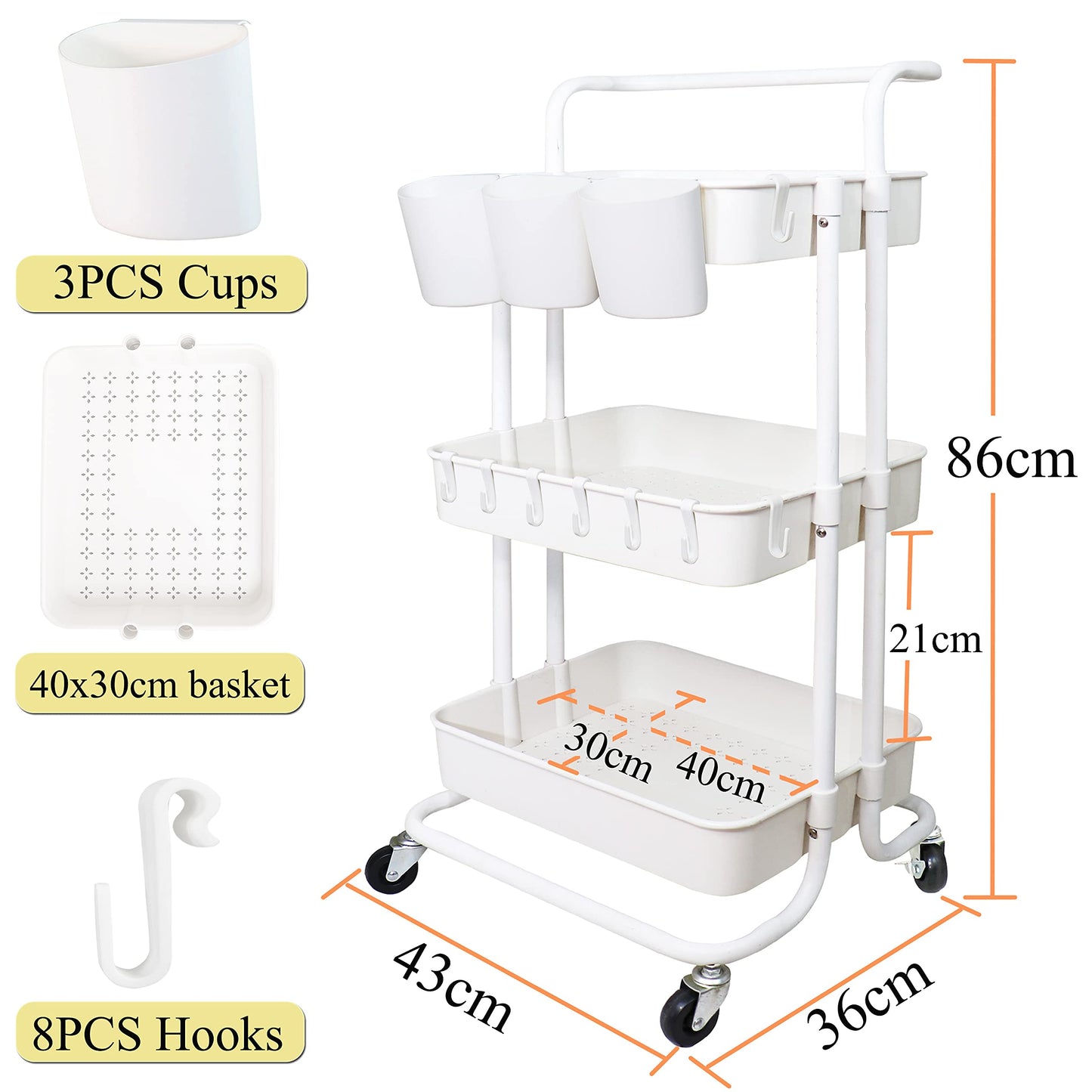 Freletry 3 Tier Rolling Utility Cart Multifunction Storage Organizer Shelf Rack with Lockable Wheels 3PCS Cups and 8PCS Hooks for Home Office Kitchen Bathroom Store (White)