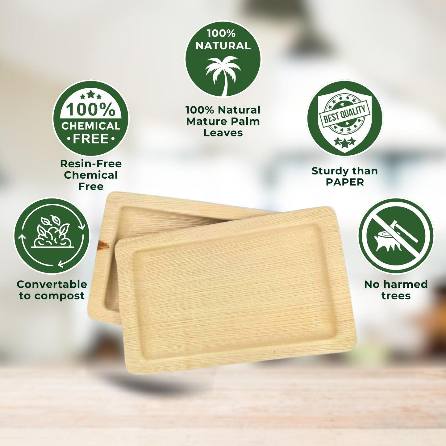 Dtocs Rectangle Disposable Plates 7x11 Inch (50) | Heavy Duty Palm Leaf Plates with Wood Serving Tray Look | Serving Trays, Charcuterie Boards, Appetizers | Alt to Rectangle Paper Plates