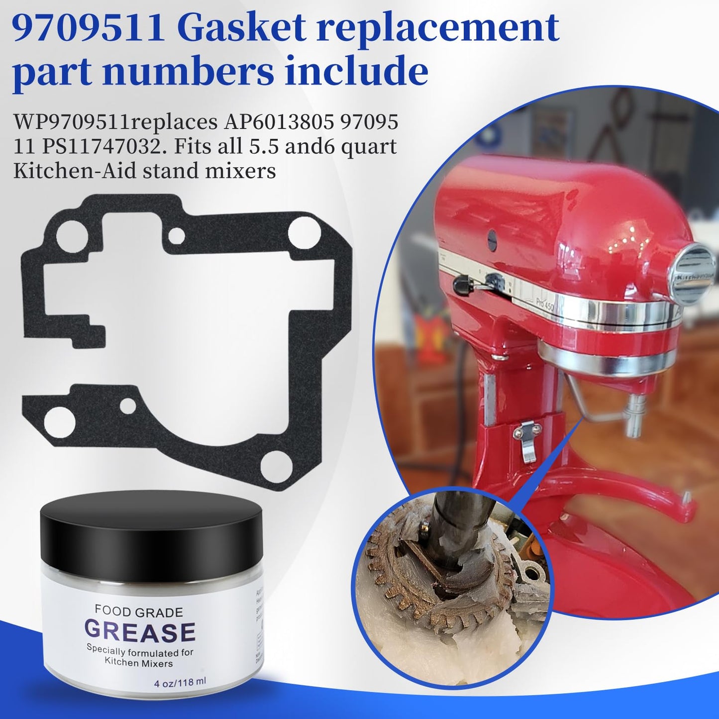 Mixer Worm Gear Kit Compatible with Kitchenaid Whirlpool 5qt 6qt Mixer Gear Parts Replacement,9706529 9709511 9703337 9709231 Worm Follower Gear Kit