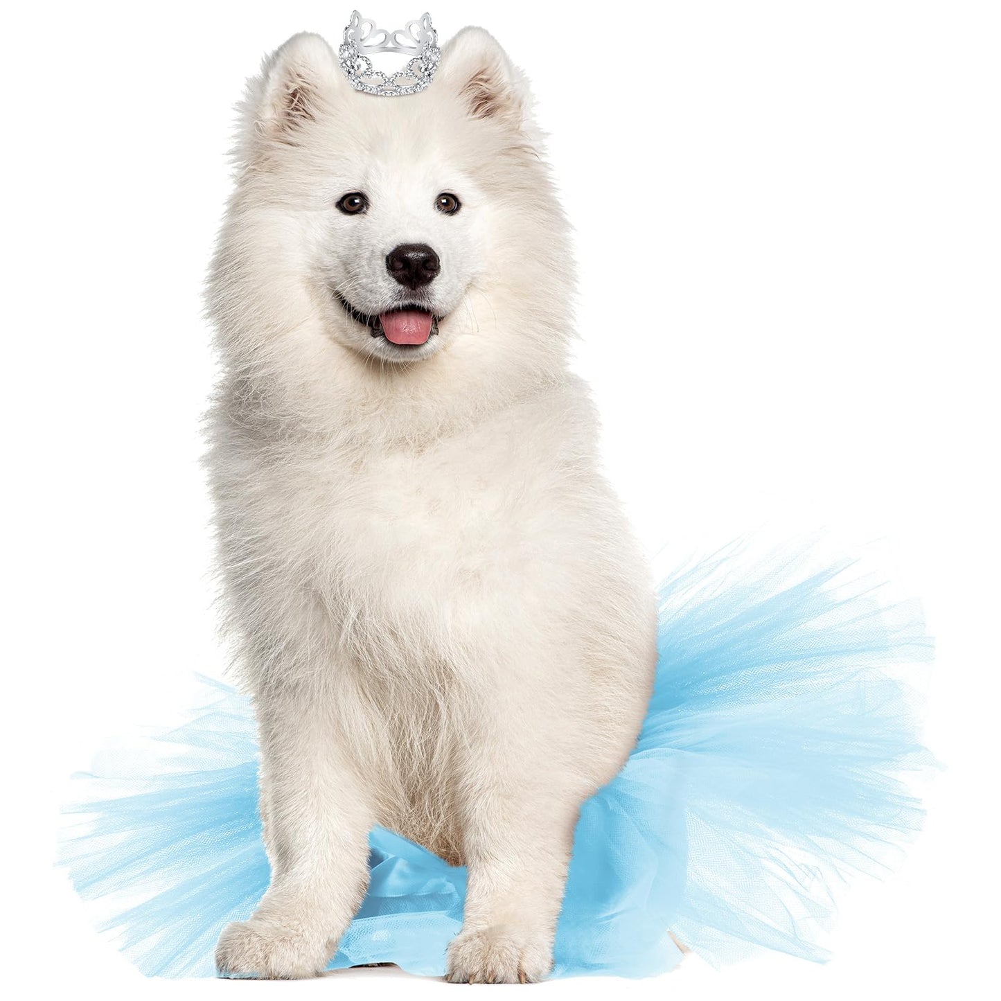 Hillban 2 Pcs Dog Crown Headband Dog Tutu Dress Set Crystal Rhinestone Tiara Crown Tutu Skirt Pet Dress Costume for Puppy Birthday Party Wedding Photo Prop Costume(Blue,X Large)
