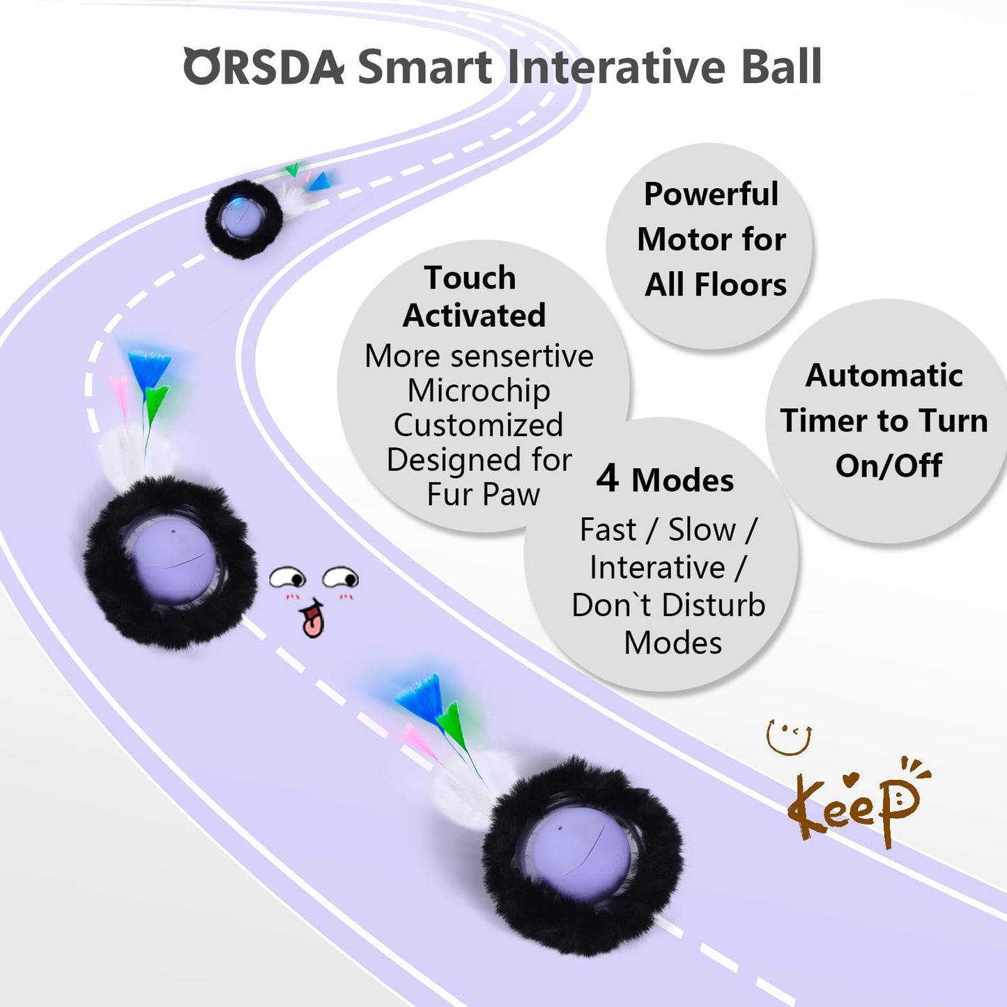 ORSDA Cat Toys Ball, Automatic Fast Rolling Ball in Pouch, Hide and Seek Cat Toy for Indoor Cats, Motion Chirping Activated Moving Ball, 7 Holes Mat Mouse Catching Game