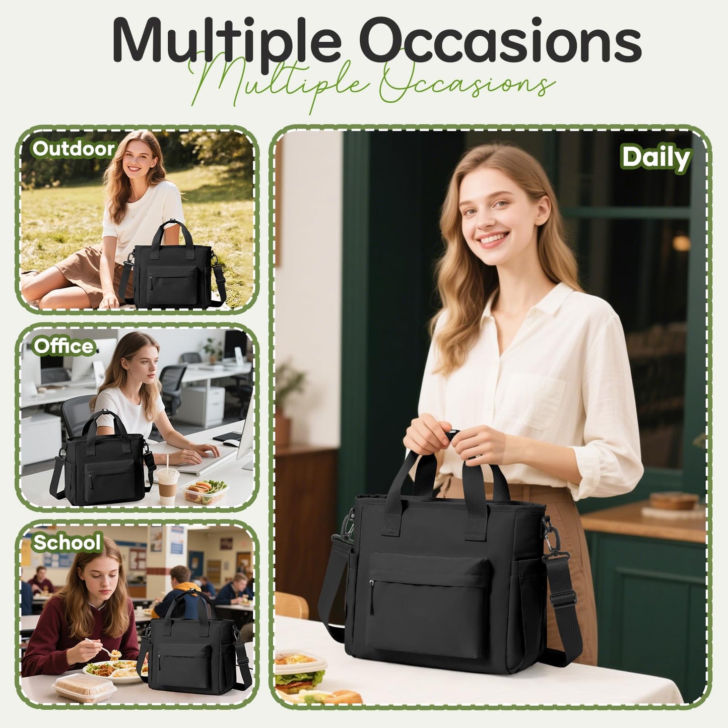 Lunch Bag Insulated Lunch Box Leakproof Lunch Tote Bags for Women Men,Portable Thermal Cooler Bag Lunch Containers with Shoulder Strap for Work, Family, Picnic, School, Outdoor,BBQ C1-Black