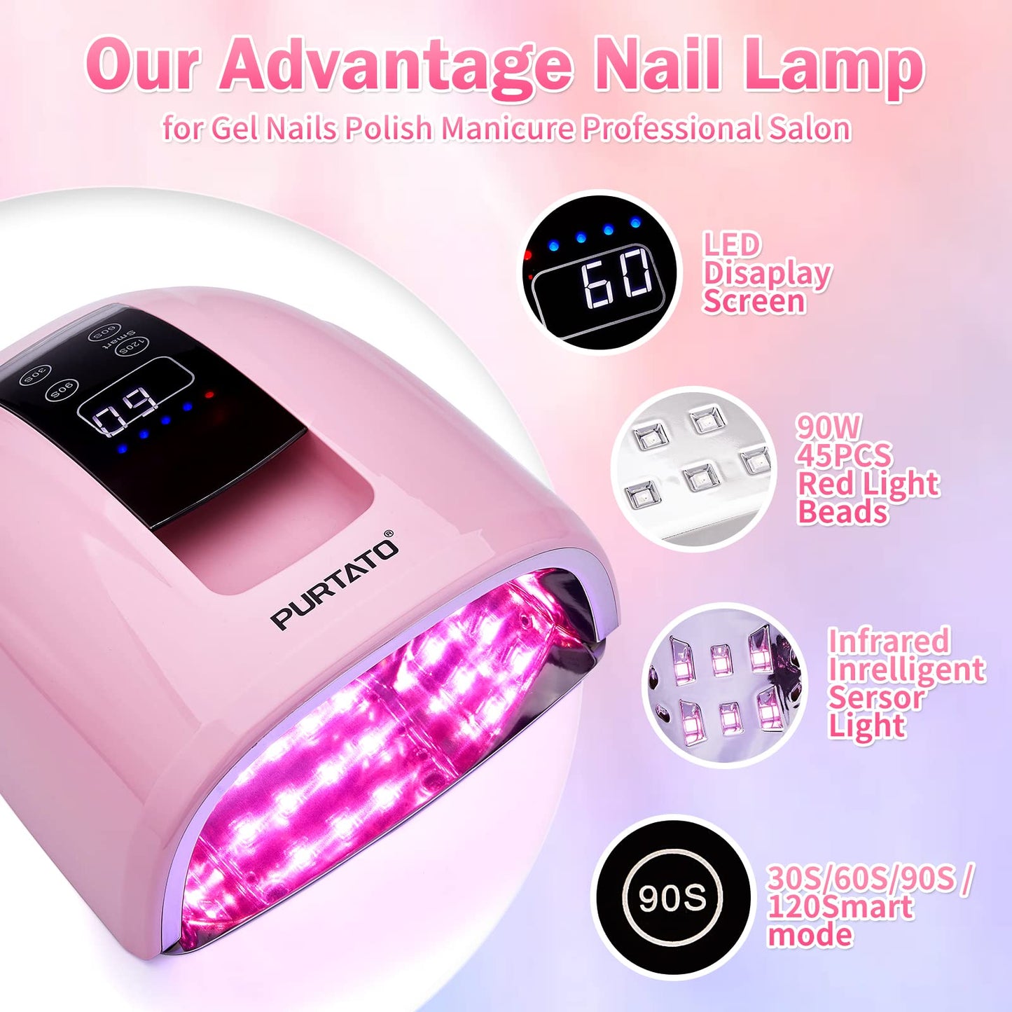 Purtato Professional Salon Rechargeable 90W UV LED Cordless Nail Lamp,45 lamp Beads Long Battery Life,Removable Stainless Steel Bottom, No Black Hands Nail Dryer (Pink)