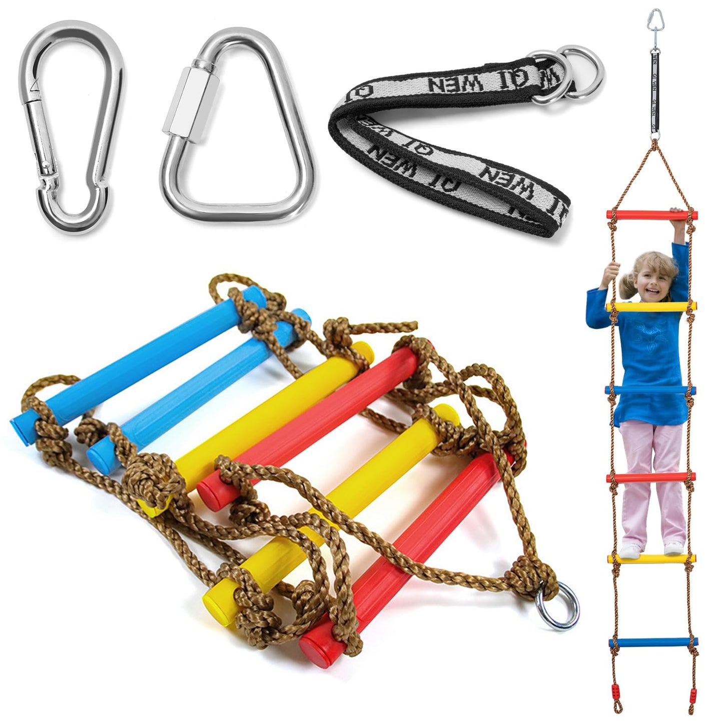 AKOZLIN 6.6FT Climbing Rope Ladder for Kids Hanging Climbing Ladder Rope Tree Swing with 1 Strap & 2 Carabiner Indoor and Outdoor Backyard Playground Play Swing