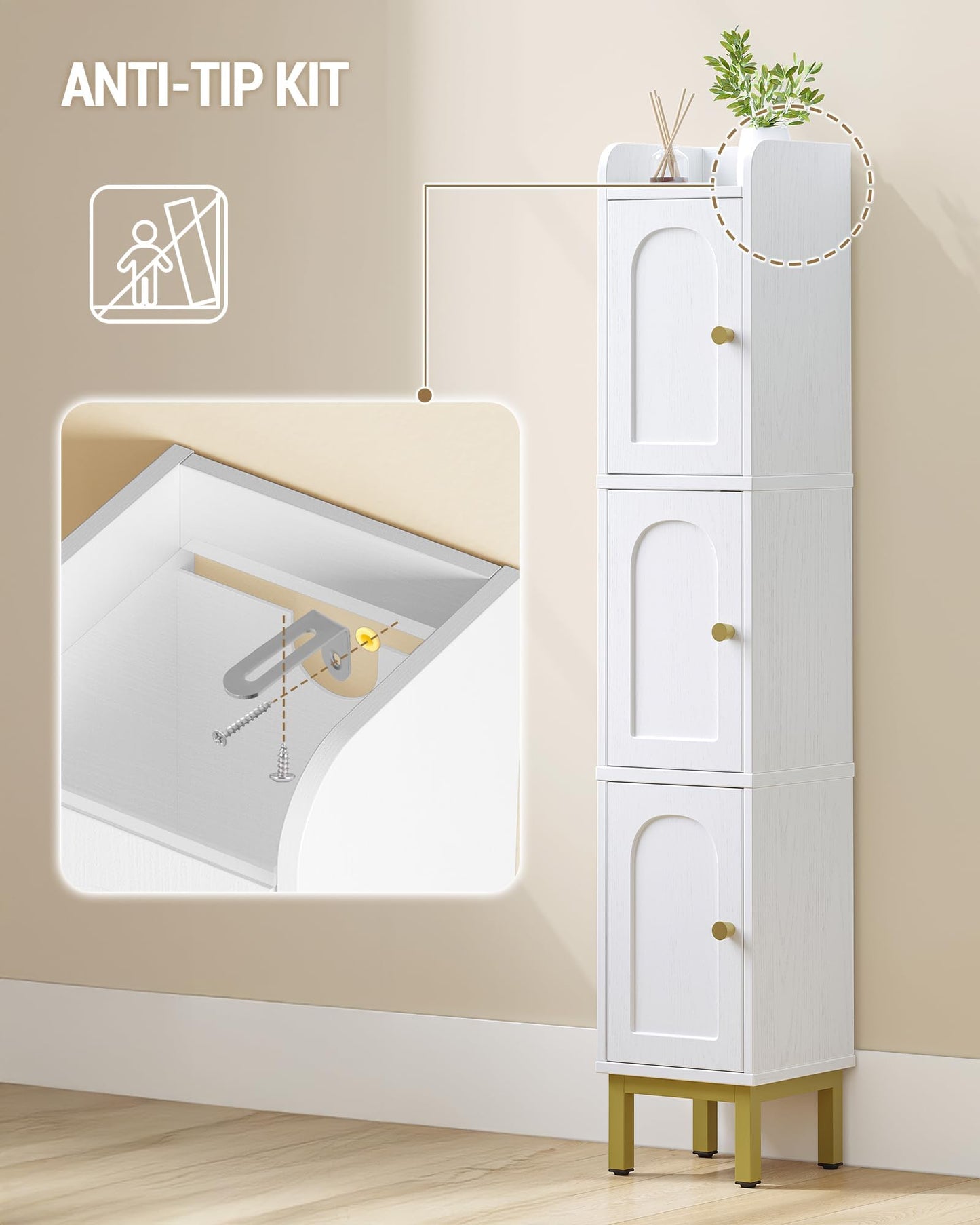 Hzuaneri Slim Bathroom Storage Cabinet, Narrow Bathroom Organizers and Storage with 4 Adjustable Feet, Laundry Room Organization for Small Space, Kitchen, Living Room, 3 Doors White BC22313G