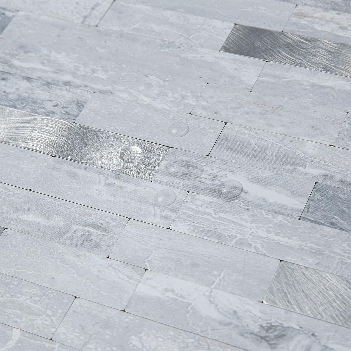 AULIGET 20 Sheets Faux Stone Peel and Stick Backsplash, Light Grey Marble Look PVC Mixed Metal Wall Tiles Stick on Backsplash for Kitchen