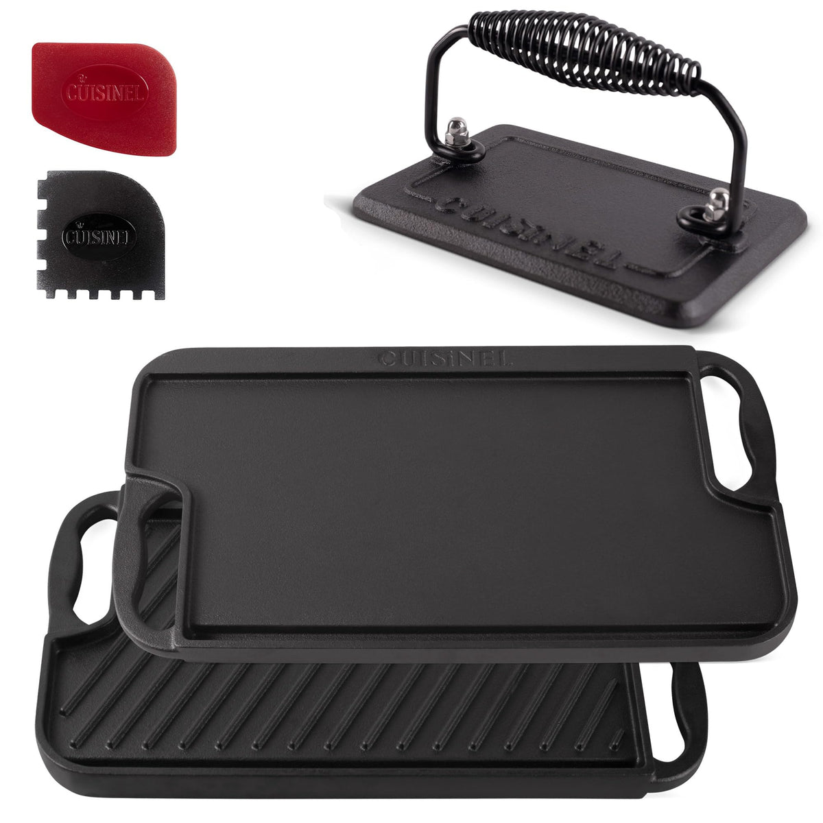 Cast Iron Griddle/Grill + Burger Press + Pan Scrapers - Reversible Pre-Seasoned 16.75" X 9.5"-inch Dual Handle Flat Skillet and Griller Pan + Cleaning Accessories - Indoor/Outdoor Stove Burner Safe