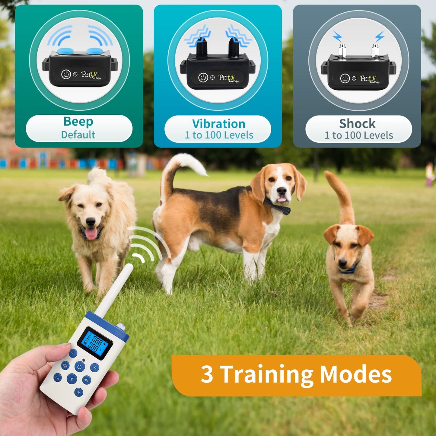 PetJoy Automatic Bark Collar for Large Dogs, Shock Collar with Remote and Auto Modes, Dog Shock Collar for 3 Dogs, Bark and Training Collar Combo - Remote 3600 Ft