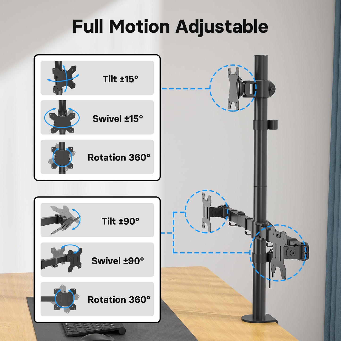 BONTEC Triple Monitor Desk Mount for One 32 Inch Screen and Two 27 inch Screens, Supports up to 22lbs, with Full Motion Adjustability, Two Installation Options and Integrated Cable Management, Black
